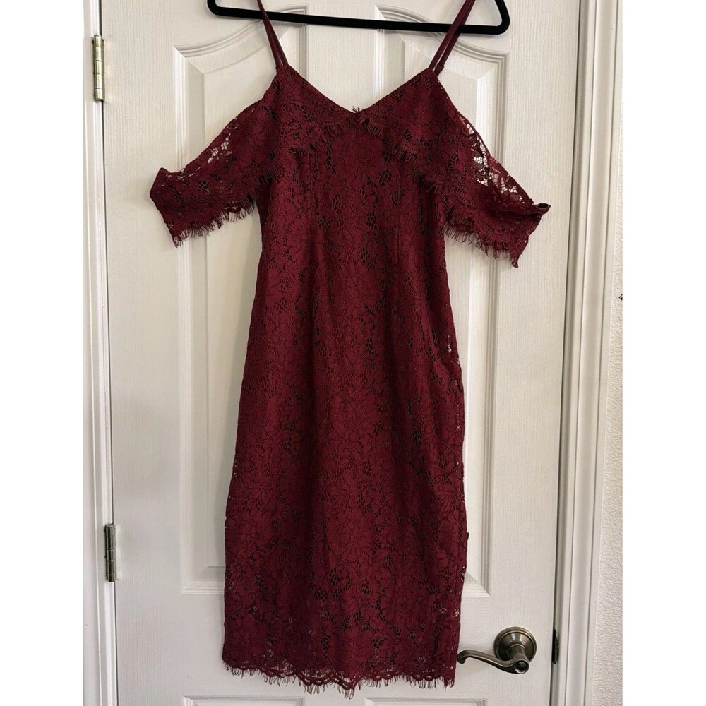 Boohoo Jess Burgundy Lace Cold Shoulder Midi Dress US 4 Bodycon Cocktail